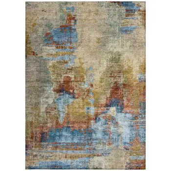 8' X 10' Beige Blue And Gold Abstract Washable Indoor Outdoor Area Rug