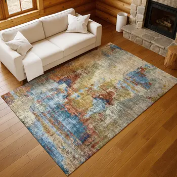 8' X 10' Beige Blue And Gold Abstract Washable Indoor Outdoor Area Rug