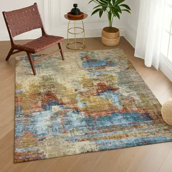 8' X 10' Beige Blue And Gold Abstract Washable Indoor Outdoor Area Rug