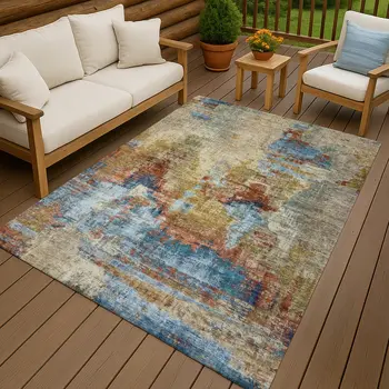 8' X 10' Beige Blue And Gold Abstract Washable Indoor Outdoor Area Rug