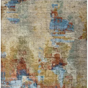 10' X 14' Beige Blue And Gold Abstract Washable Indoor Outdoor Area Rug