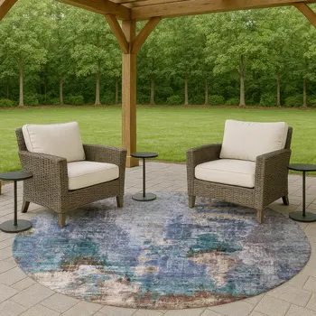 8' Blue Gray And Brown Round Abstract Washable Indoor Outdoor Area Rug