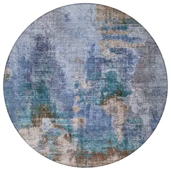 8' Blue Gray And Brown Round Abstract Washable Indoor Outdoor Area Rug