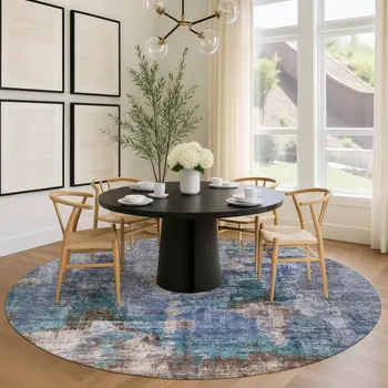 8' Blue Gray And Brown Round Abstract Washable Indoor Outdoor Area Rug