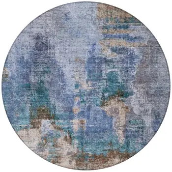8' Blue Gray And Brown Round Abstract Washable Indoor Outdoor Area Rug