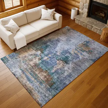 10' X 14' Blue Gray And Brown Abstract Washable Indoor Outdoor Area Rug