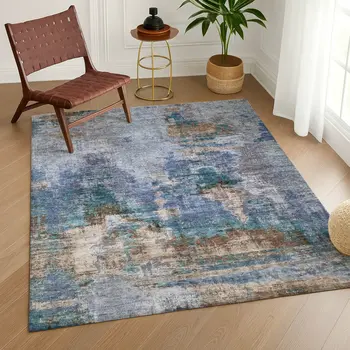 10' X 14' Blue Gray And Brown Abstract Washable Indoor Outdoor Area Rug