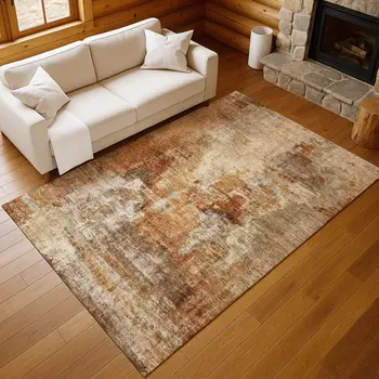 3' X 5' Copper Rust And Beige Abstract Washable Indoor Outdoor Area Rug