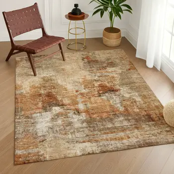 3' X 5' Copper Rust And Beige Abstract Washable Indoor Outdoor Area Rug