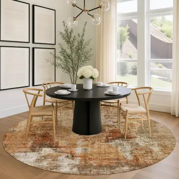 8' Copper Rust And Beige Round Abstract Washable Indoor Outdoor Area Rug