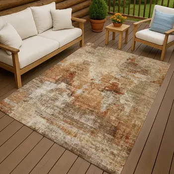 9' X 12' Copper Rust And Beige Abstract Washable Indoor Outdoor Area Rug