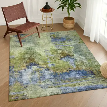 5' X 8' Green Blue And Brown Abstract Washable Indoor Outdoor Area Rug