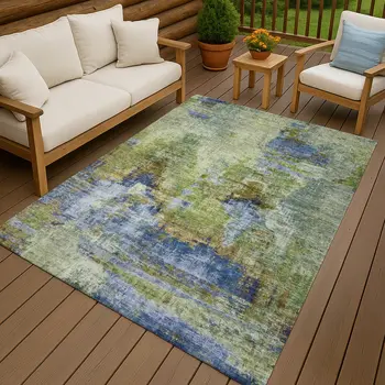 5' X 8' Green Blue And Brown Abstract Washable Indoor Outdoor Area Rug