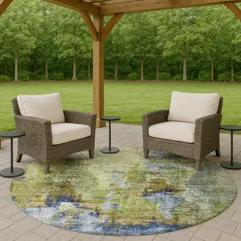 8' Green Blue And Brown Round Abstract Washable Indoor Outdoor Area Rug