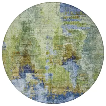 8' Green Blue And Brown Round Abstract Washable Indoor Outdoor Area Rug