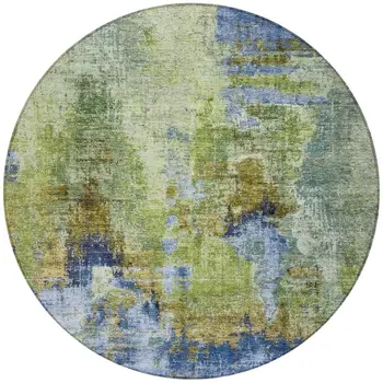 8' Green Blue And Brown Round Abstract Washable Indoor Outdoor Area Rug
