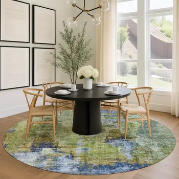 8' Green Blue And Brown Round Abstract Washable Indoor Outdoor Area Rug
