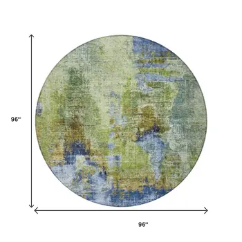 8' Green Blue And Brown Round Abstract Washable Indoor Outdoor Area Rug
