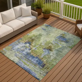 8' X 10' Green Blue And Brown Abstract Washable Indoor Outdoor Area Rug