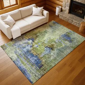 8' X 10' Green Blue And Brown Abstract Washable Indoor Outdoor Area Rug