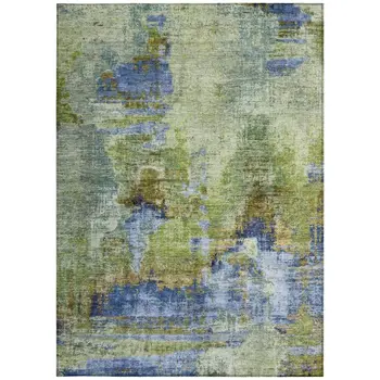 9' X 12' Green Blue And Brown Abstract Washable Indoor Outdoor Area Rug
