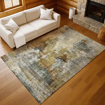 5' X 8' Khaki Beige And Taupe Abstract Washable Indoor Outdoor Area Rug