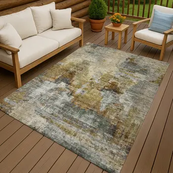 5' X 8' Khaki Beige And Taupe Abstract Washable Indoor Outdoor Area Rug