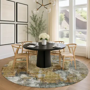8' Khaki Beige And Taupe Round Abstract Washable Indoor Outdoor Area Rug