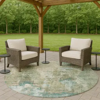 8' Sage And Gray Round Abstract Washable Indoor Outdoor Area Rug