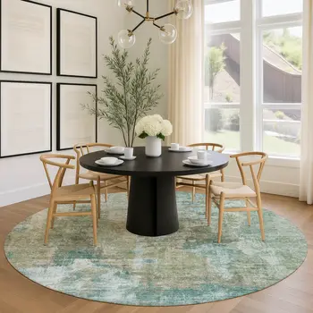 8' Sage And Gray Round Abstract Washable Indoor Outdoor Area Rug