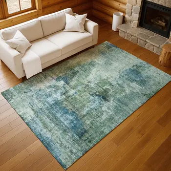 5' X 8' Teal Blue And Gray Abstract Washable Indoor Outdoor Area Rug
