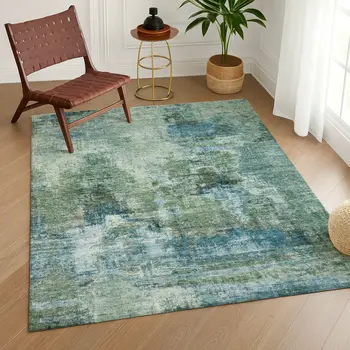 5' X 8' Teal Blue And Gray Abstract Washable Indoor Outdoor Area Rug