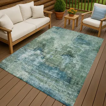5' X 8' Teal Blue And Gray Abstract Washable Indoor Outdoor Area Rug