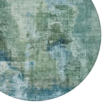 8' Teal Blue And Gray Round Abstract Washable Indoor Outdoor Area Rug