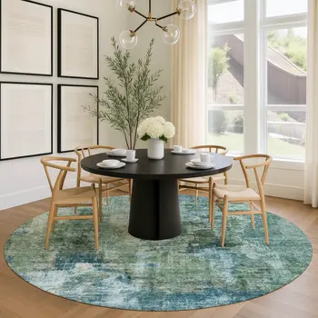 8' Teal Blue And Gray Round Abstract Washable Indoor Outdoor Area Rug