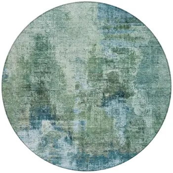 8' Teal Blue And Gray Round Abstract Washable Indoor Outdoor Area Rug