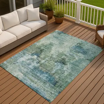 10' X 14' Teal Blue And Gray Abstract Washable Indoor Outdoor Area Rug