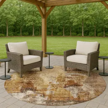 8' Walnut And Beige Round Abstract Washable Indoor Outdoor Area Rug