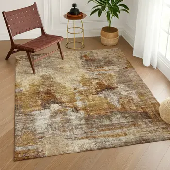 8' X 10' Walnut And Beige Abstract Washable Indoor Outdoor Area Rug