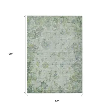 5' X 8' Artichoke Green And Blue Floral Washable Indoor Outdoor Area Rug