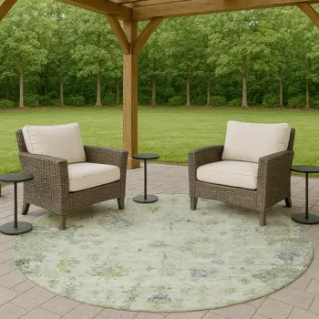 8' Artichoke Green And Blue Round Floral Washable Indoor Outdoor Area Rug