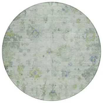 8' Artichoke Green And Blue Round Floral Washable Indoor Outdoor Area Rug