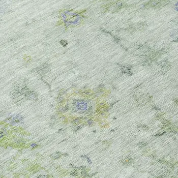 8' Artichoke Green And Blue Round Floral Washable Indoor Outdoor Area Rug