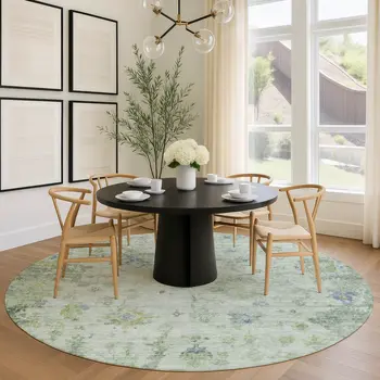 8' Artichoke Green And Blue Round Floral Washable Indoor Outdoor Area Rug