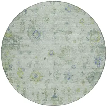 8' Artichoke Green And Blue Round Floral Washable Indoor Outdoor Area Rug