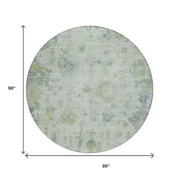8' Artichoke Green And Blue Round Floral Washable Indoor Outdoor Area Rug