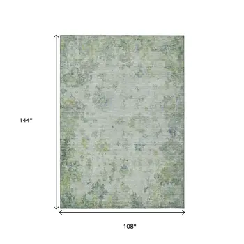 9' X 12' Artichoke Green And Blue Floral Washable Indoor Outdoor Area Rug