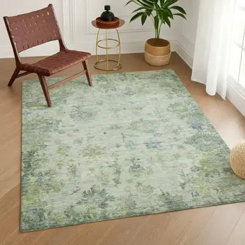 9' X 12' Artichoke Green And Blue Floral Washable Indoor Outdoor Area Rug