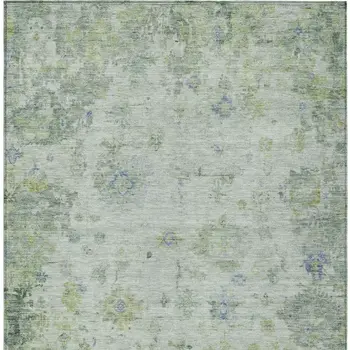 10' X 14' Artichoke Green And Blue Floral Washable Indoor Outdoor Area Rug