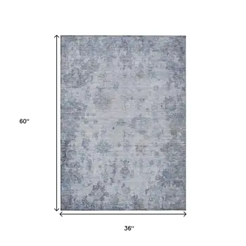 3' X 5' Blue And Gray Floral Washable Indoor Outdoor Area Rug